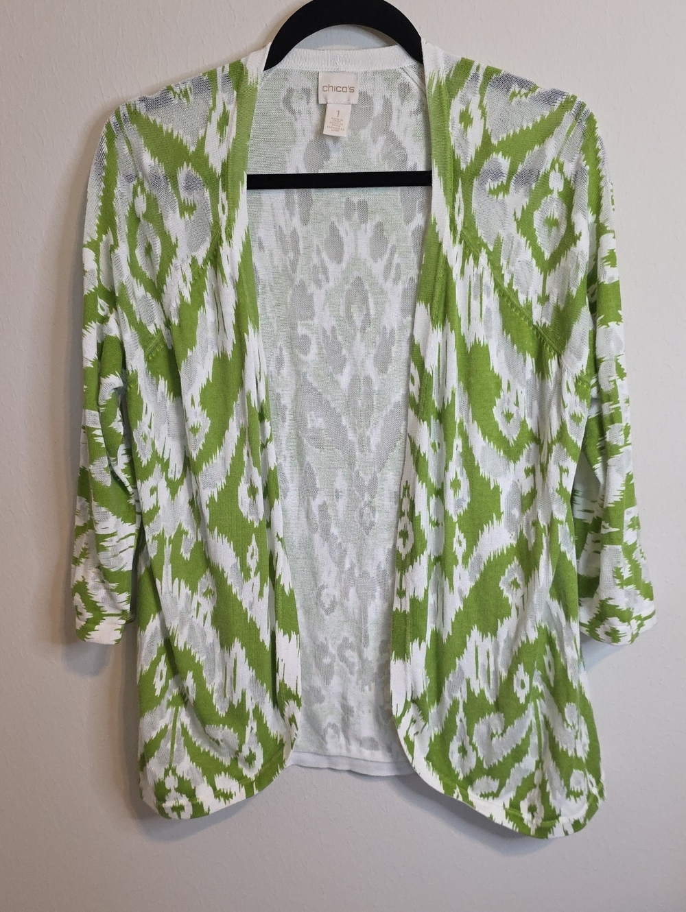 Chico's Lime Green and White Lightweight Open-Front Cardigan